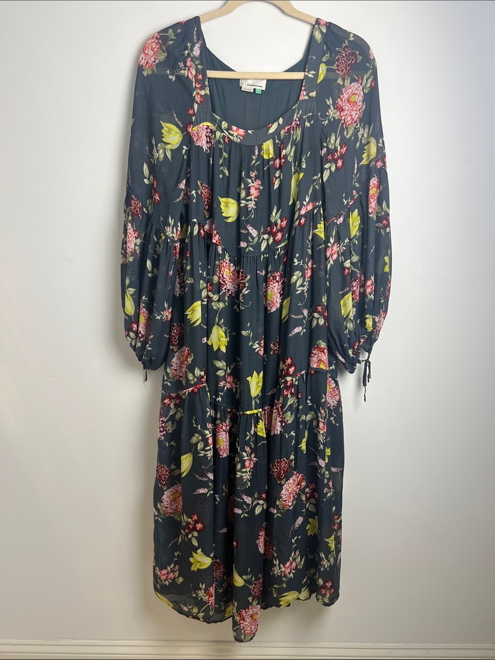 Anthropologie Size 2X Dark Gray Evelin‎ Green Floral Boho Tiered Maxi Dress - Picture 2 of 13